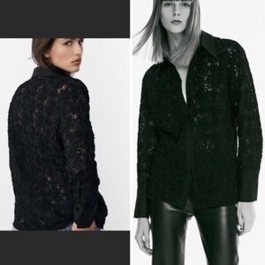 Zara Black embroidered Lace long line/ long cuff Button-Up Shirt size XS EUC!